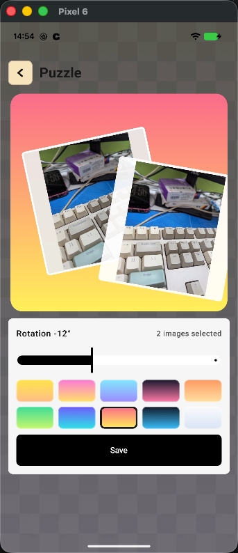 Complete NxyToon Puzzle screen arranging two photos on a colorful canvas
